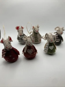 Folk Art Felt Christmas Holiday Ornaments Bean Bag Primitive Mouse Set Of 6 Lot - Picture 1 of 10
