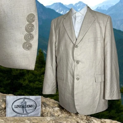 Linea Uomo Blazer Jacket Mens 44R Beige Polyester Double Vented Three Buttons - Image 1 of 4