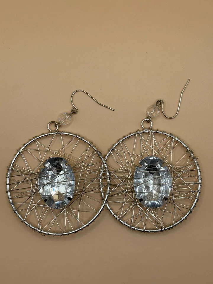 Statement Hoop Earrings with Wire Wrap and Large Clear Crystal – Silver Tone - image 1 of 4