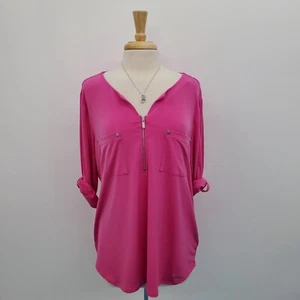 Ellen Tracy Womens Pink 1/4 Zip Split Neck Blouse Top Size XL Roll Tab Sleeve - Picture 1 of 15
