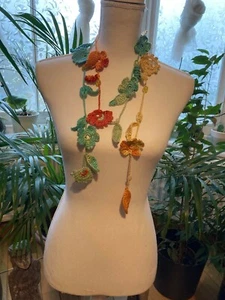 Crochet fancy flowered pastel colors necklace/Mother's Day handcrafted necklace - Picture 1 of 5