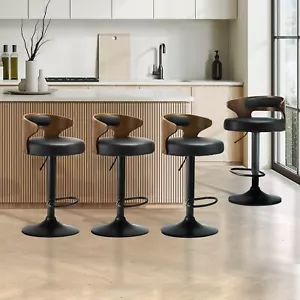Oikiture Set of 4 Bar Stools Kitchen Gas Lift Swivel Chairs Wooden Barstool - Picture 1 of 10