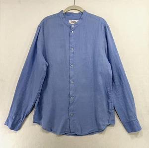 COS Camicia Uomo Blu Medio 100% Canapa Collo Mandarino Bottone Anteriore Manica Lunga - Foto 1 di 11
