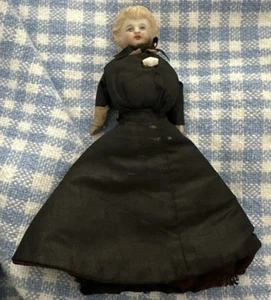 SMALL TINY ANTIQUE Porcelain/Ceramic DOLL w Handmade SILK DRESS circa 1900's - Picture 1 of 8