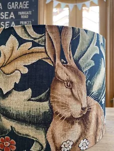 MADE TO ORDER LAMPSHADE WILLIAM MORRIS FOREST 100% LINEN AZURE GREEN/BROWN HARE - Picture 1 of 7