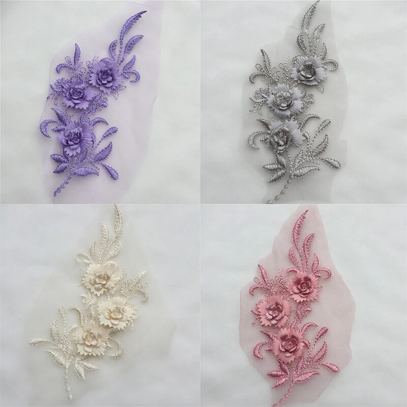 3D Flower Lace Embroidery Bridal Wedding Dress Applique Tulle DIY Beaded - Image 1 of 4