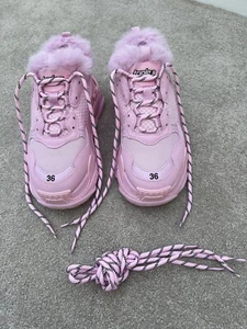 Balenciaga Triple S Pink Fur Lined Trainers Size 3 Uk 36 - Picture 1 of 10