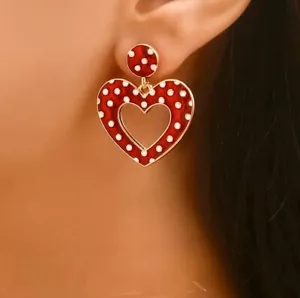Red Heart Polka Dot Earrings Romantic Beauty jewelry FAST Free Shipping 1.4 inch - Picture 1 of 4