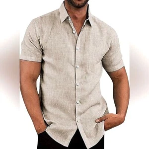 NWT Coofandy Linen Blend Beige Tan Short Sleeve Button Front Shirt Men's size XL - Picture 1 of 7