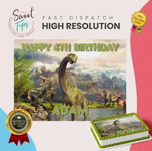 KIDS DINOSAUR RECTANGLE EDIBLE CAKE TOPPER DECORATION PERSONALISED - Picture 1 of 1