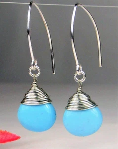 Turquoise Teardrop Briolette Silver Wire Wrapped Handcrafted Marquise Earrings - Picture 1 of 5
