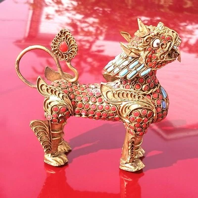  Vintage Foo Dog lion Good Luck Qulin dragon Figurine inlaid Coral & blue Beady  - Изображение 1 из 4