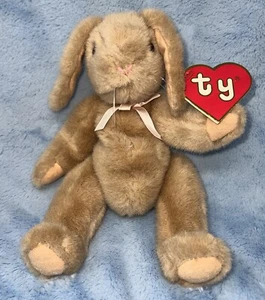 Original 1988 TY Beanie Bunny 11" de alto, etiqueta de oreja, bronceado, cinta de satén, articulada - Imagen 1 de 10