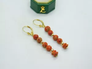 14ct Yellow Gold & Red Coral Beaded Drop Hook Earrings Vintage c1970 - Picture 1 of 5