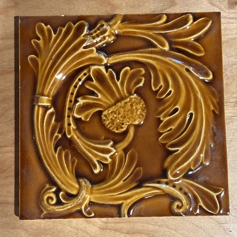 antique 6" encaustic sculpted tile Scottish Thistle Cover