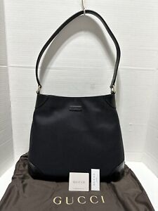 NEW GUCCI Black Thick Canvas Hobo Leather Trim Logo Shoulder Bag Handbag Purse