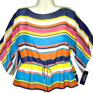 Chaps Sheer Striped Kimono Blouse w Cami Tank Petite P S Colorful Stripes Summer - Picture 1 of 12