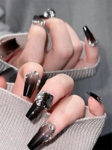 10 Piece 3D Reusable Handmade Press On Nails Set Elegant Crystals - Picture 1 of 7
