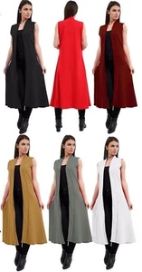 Women's Crepe Sleeveless Waist Front Open Duster Coat Ladies Plain Maxi Cardigan - Picture 1 of 16