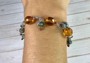 925 Türkis facettiert orange Glas Armband Perlen Kettenglied 8 cm - Bild 1 von 7