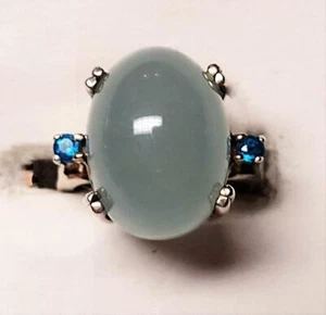 SS Oval Cab Milky Aqua Chalcedony Solitaire Ring W/Neon Blue Apatite (it 278) - Picture 1 of 1