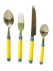 (SX113) CUBERTERIA 24 CUBIERTOS CUCHARA TENEDOR CUCHILLO CUCHARILLA AMARILLO AZU - Imagen 1 de 4