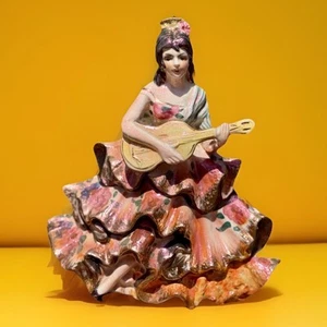 Vtg Ceramic Flamenco/Spanish Lady Playing Guitar-Hand Painted-Repaired-GUC - Picture 1 of 9