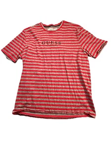 GUESS Originals Striped T-Shirt Mens Large Red Grey Logo Tee Embroidered - Picture 1 of 5