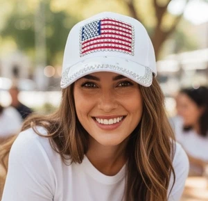 Bling silver rhinestone sparkle studded hat White USA Flag Patch baseball cap - Picture 1 of 8