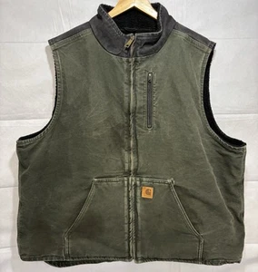 Carhartt Vest Canvas Sherpa Lined Full Zip Size 2XL V33-355 Vintage Dark Green - Picture 1 of 16