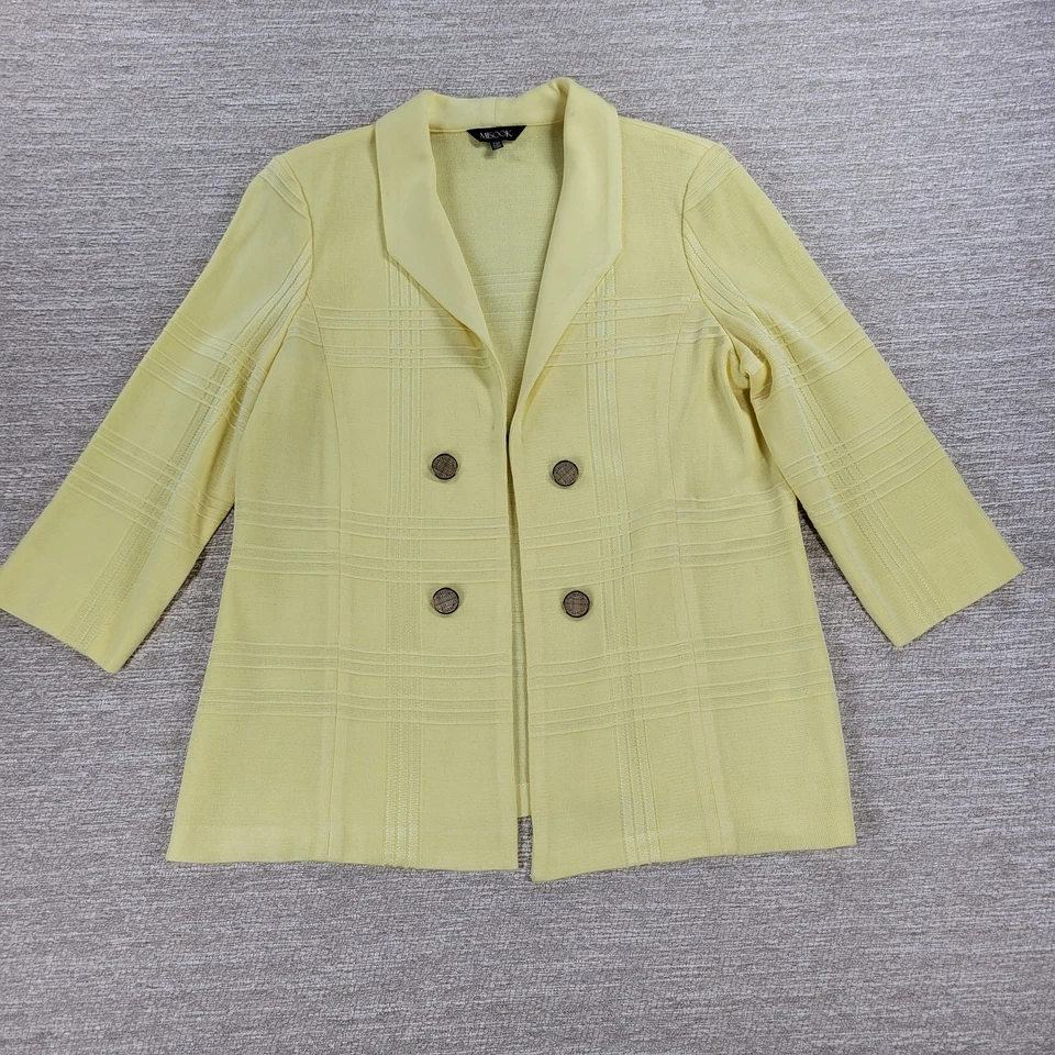 Chaqueta Suéter Tejido Misook PM Petite Amarillo Cuadros Doble Pecho Manga 3/4 Foto 1 de 4
