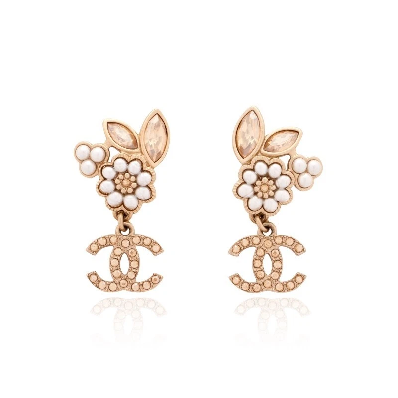 CHANEL Gold Crystal & White Pearl Flower Dangle Earrings - Image 1 of 4
