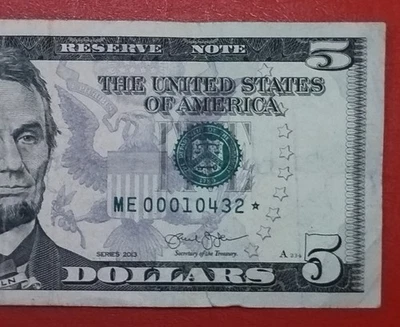 $5 Five Dollar Star Note 640K Run Size/Total Printed Serial # ME00010432* 2013 - Image 1 of 4