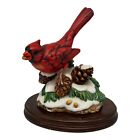 Vintage Bisque Red Cardinal On Branch Figurine~Winter Snow~Pine Cones~Wood Base