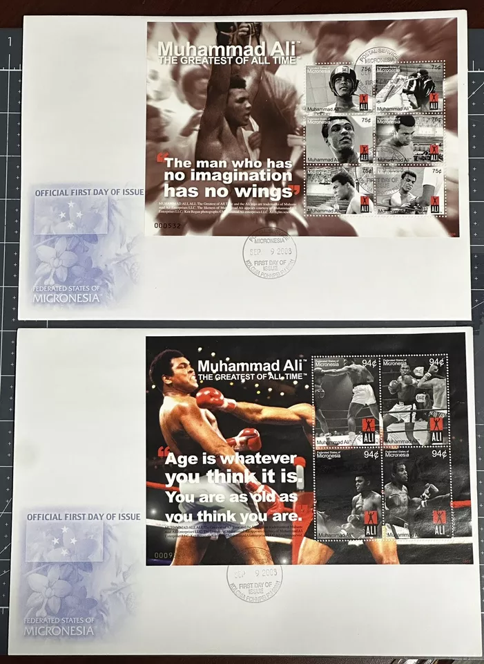 MICRONESIA 2008, 2 Large FDC +  STAMP SHEETS MUHAMMAD ALI SC 775-6 (CV +$17.00) - Image 1 of 1