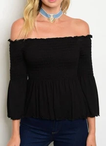 Black Smocked Bust Off Shoulder Attached Sleeve Jersey Blouse Top - Picture 1 of 2