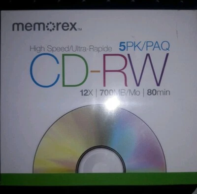 全新 Memorex 700MB/80 分钟 12x CD-RW 媒体(5 件装带普通珠宝盒) — 第 1/2 张图片
