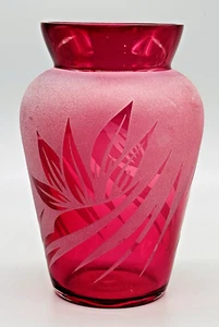 Kelsey Murphy Cranberry Pilgrim Vase Sand Etched Frosted Cameo 6.5 inch Signed - Picture 1 of 8