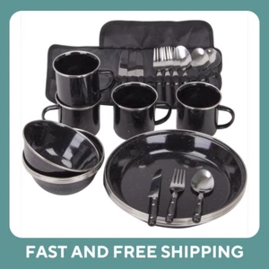 Camping Travel Cutlery Set Picnic Utensils Stainless Steel 6 Person Enamel 24Pc - Picture 1 of 2
