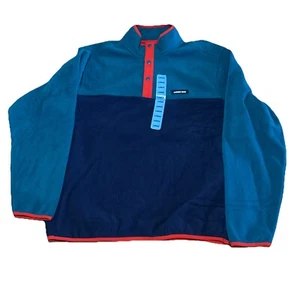 Mens Fleece Lands End Snap Neck With Pockets Size large Teal Navy Orange - Picture 1 of 14