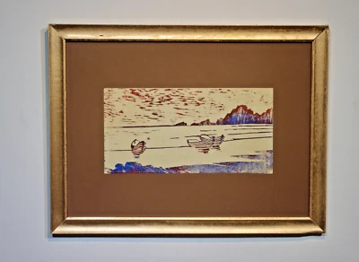 xilogravura colorida - emoldurada feita à mão - barcos em terra estilo rústico primitivo - Imagem 1 de 4