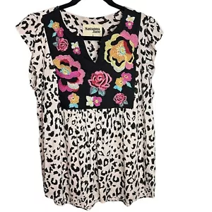 Savanna Jane Top Floral Leopard Embroidered Cottage Core Flutter Sleeve Size S - Picture 1 of 6