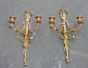 50er Jahre Paar vergoldete Bronze Wandlampen DLG Louis 16 mit Bändern  - Bild 1 von 6