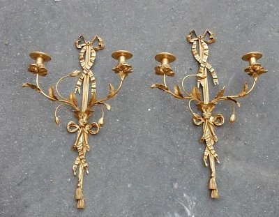 1950' Paire d'Appliques En Bronze Doré DLG Louis 16 Avec Rubans  - Photo 1/4