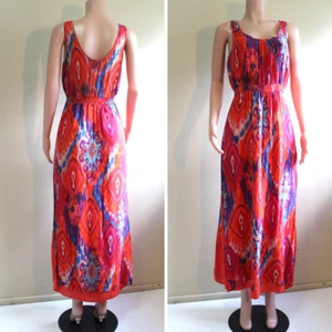 Warehouse Silk Maxi Dress Womens 10 M Crepe Sleeveless Tiki Ikat Red Purple Pink - Picture 1 of 10