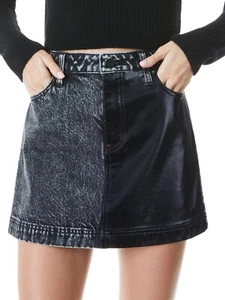 ALICE + OLIVIA Austin Vegan Leather Denim Jean Mini Skirt Black Acid Size 24/00 - Picture 1 of 19