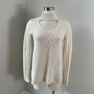 Aqua Womens Small 100% Cashmere Ivory Cable Knit Choker Neck Sweater - Picture 1 of 11