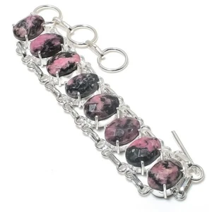 Natural Rhodonite Gemstone Handmade 925 Sterling Silver Jewelry Bracelet Sz 7-8" - Picture 1 of 1