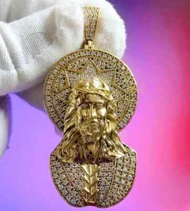 14K Yellow Gold Over 1.30Ct Round Lab Created Diamond Face of Jesus Pendant - Picture 1 of 5