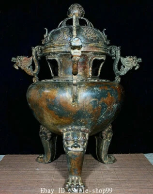 Queimador de incenso símbolo auspicioso 8 besta dragão cobre porcelana antiga 20,2" - Imagem 1 de 4